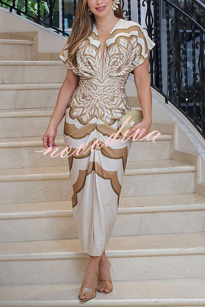 Feona Satin Unique Print V-neck Wide Sleeve Ruched Waist Slit Midi Dress