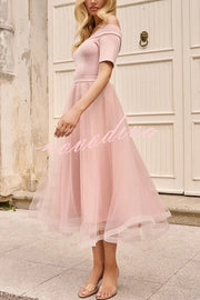 Talita Knit Off Shoulder Stretch Top and Tulle Elastic Waist A-line Midi Skirt Set