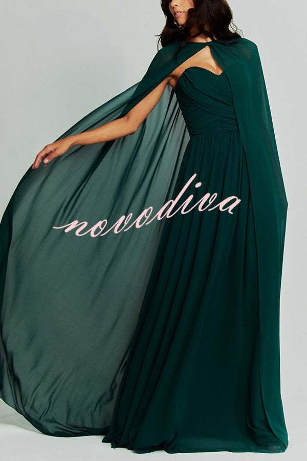 Romantic Party Chiffon Off Shoulder Sweetheart Neck Ruched Cape Maxi Dress