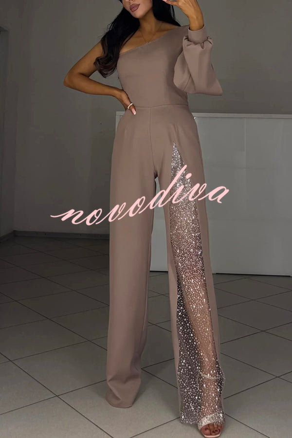 Carlisle One Shoulder Slit Lantern Sleeve Sequin Patchwork Wide Leg Party Jumpsuit