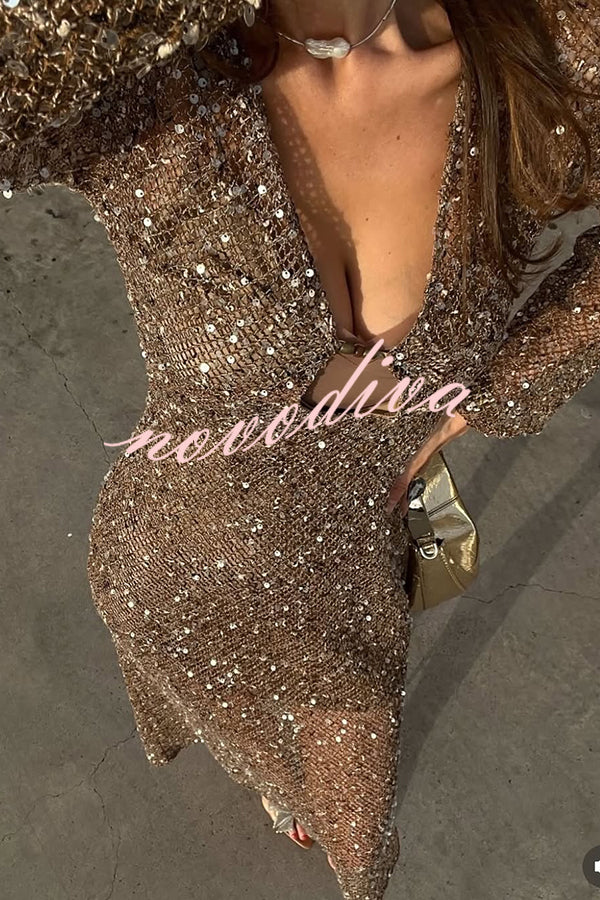 Fashion Sequined Hollow V-neck Long-sleeved Holiday Midi Dress