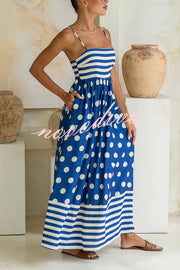 Striped Polka-dot Print Sling Pleated Open-back Maxi Dress