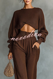 Solid Color Textured Fabric Round Neck Long-sleeved Top + High Waist Casual Pocket Wide-leg Pants Set