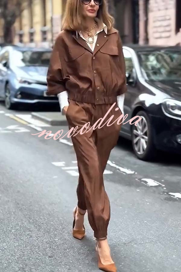 Street Charm Glossy Fabric Button Pocket Cargo Jacket and Elastic Waist Jogger Pants Set
