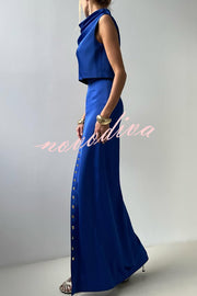 Solid Color Casual Sleeveless Crop Top and Elegant Button-down Maxi Skirt Set