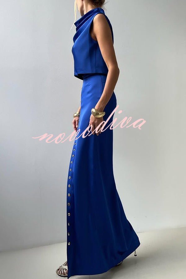 Solid Color Casual Sleeveless Crop Top and Elegant Button-down Maxi Skirt Set
