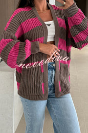 Fashionable Patchwork Striped Casual Pocket Knitted Sweater
