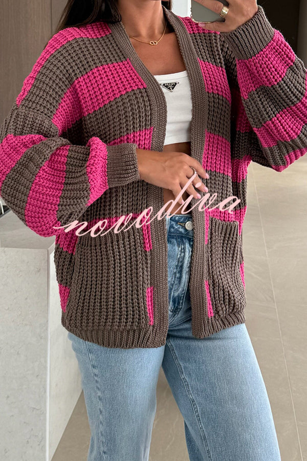 Fashionable Patchwork Striped Casual Pocket Knitted Sweater
