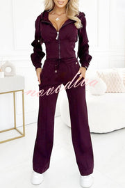 Solid Color Hooded Zip-up Jacket and Elastic Waist Pocket Wide-leg Pants Set