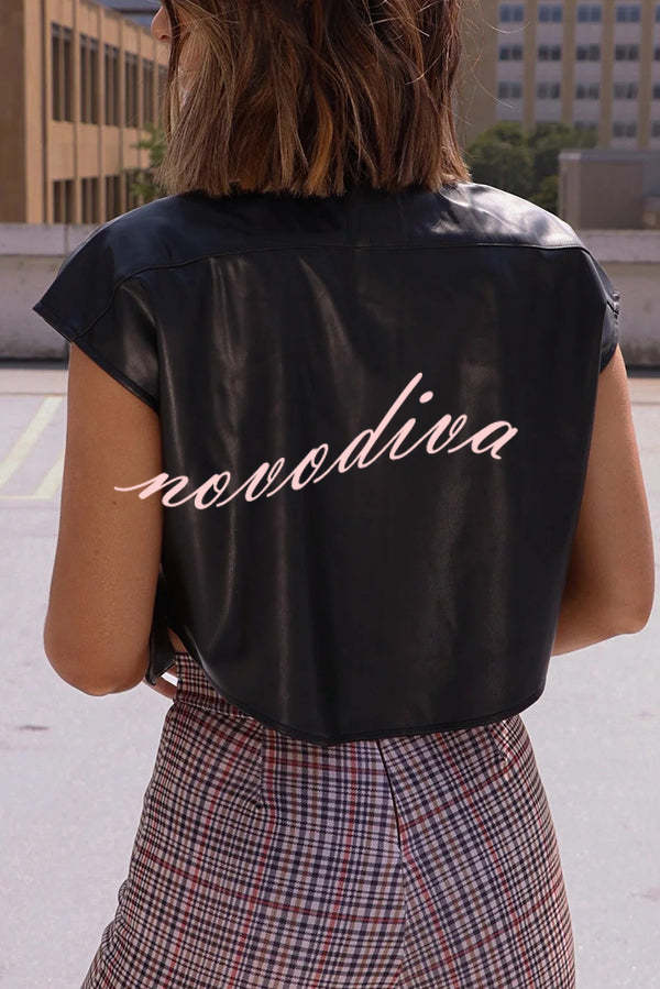 Fashion Faux Leather Pocket Sleeveless Cropped Jacket