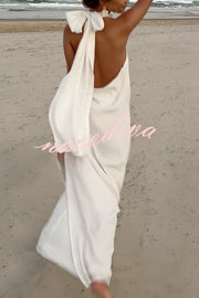 Floral Embellished Satin Halterneck Backless Resort Maxi Dress