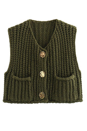 Solid Color Sleeveless Pocket Knitted Vest