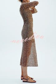 Fashion Sequined Hollow V-neck Long-sleeved Holiday Midi Dress