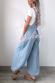Fashion Casual Pocket Loose Wide-leg Adjustable Leg Cuffs Denim Overalls