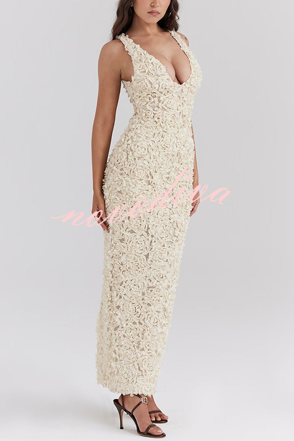 Three-dimensional Flower Sexy V-neck Slim Maxi Dress