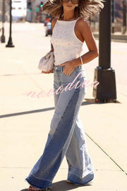 Ellison Denim Side Colorblock High Rise Pocket Wide Leg Jeans