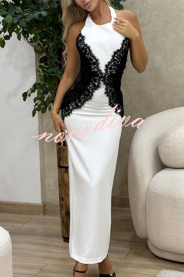 Sexy Halterneck Lace Paneled Backless Slim Maxi Dress