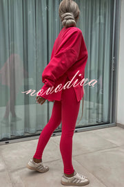 Solid Color Loose Long Sleeve SlitSweatshirt and Elastic Waist Tight Pants Set