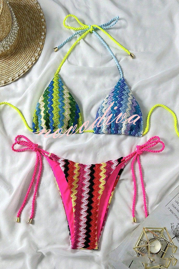 Knit Wave Unique Print Stretch Tie Bikini Swimsuit