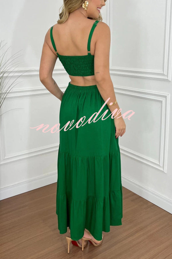 Solid Color Sleeveless Pleated Back Waist-baring Maxi Dress