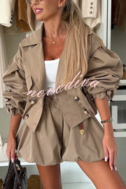 Fashion Style Button Long Balloon Sleeve Pocket Lapel Casual Bomber Jacket