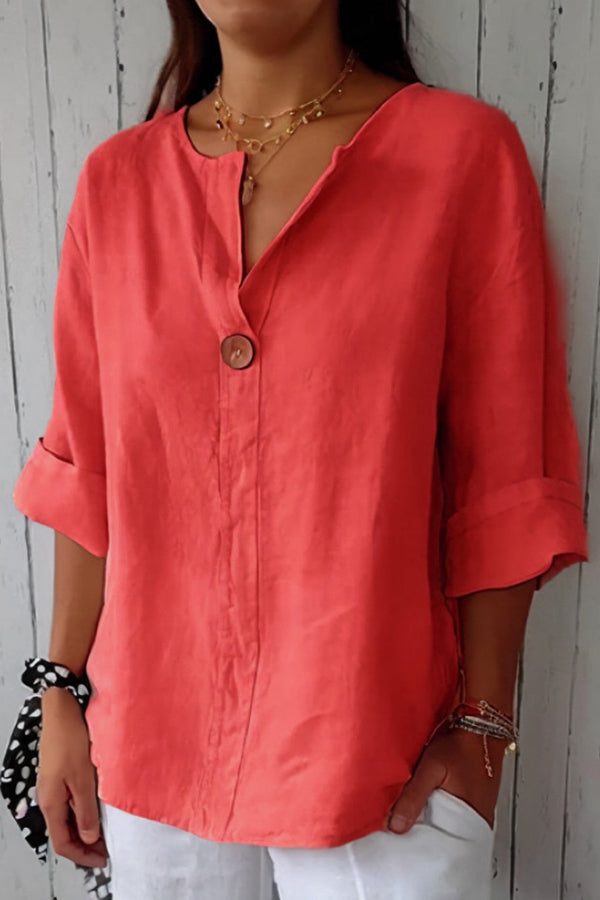 Solid Color Casual Button V-neck Loose Top