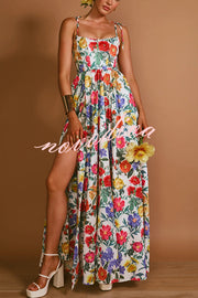 Garden Wedding Floral Print Back Tie-up Pocketed Slit Maxi Dress