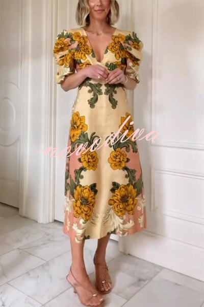 Flower Vine Linen Blend Unique Print Twist Cutout Neck Puff Sleeve Midi Dress