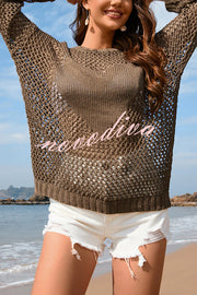 Solid Color Round Neck Long Sleeve Heart Knitted Beach Cover Up