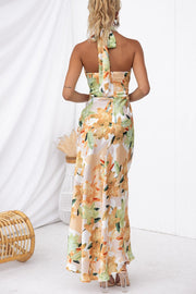 Happier Now Satin Floral Halter Maxi Dress