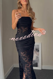 Dulcie Lace and Satin Patchwork Asymmetrical Pleats Bandeau Maxi Dress