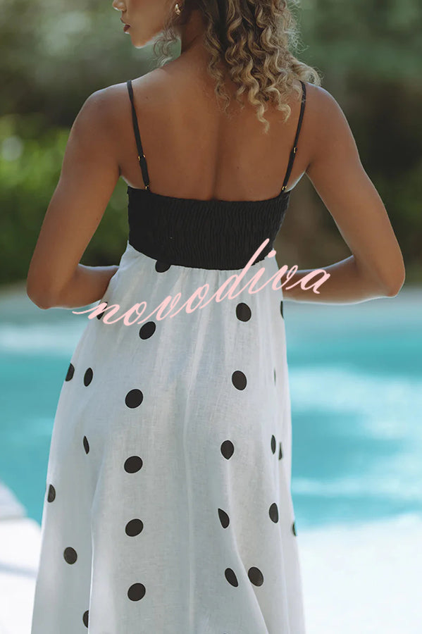Alias Linen Blend Polka Dot Colorblock Back Smocked Pocket Slip Maxi Dress