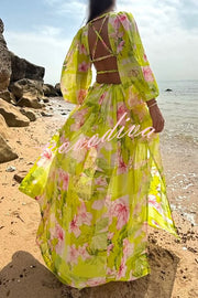 Beach Hour Printed Balloon Sleeve Cutout Back Elastic Lace-up Slit Maxi Dress