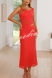 Solid Color Mesh Splicing Waist-baring Slim Maxi Dress