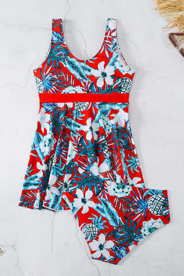 Cheerful Floral Print Bow Detail Tankini Swimsuit Set