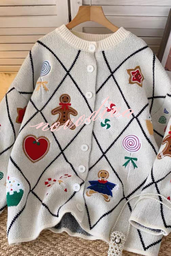 Argyle Candy Gingerbread Man Embroidered Button-knit Cardigan