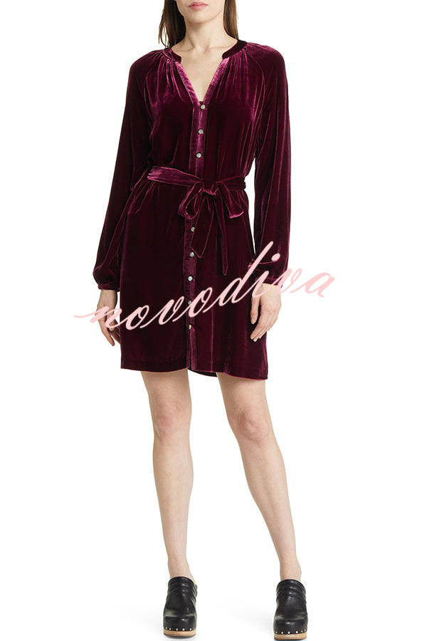 Solid Color Velvet Long-sleeved V-neck Lace-up Mini Dress