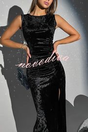 Solid Color Velvet Round Neck Sleeveless Slim Slit Maxi Dress