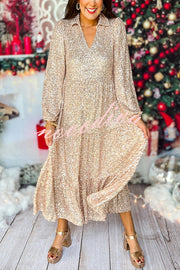 Christmas Elegant Sequin Long Sleeve V Neck Midi Dress