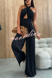Easy Mode Cross-neck Halter Strap Backless Wide Leg Jumpsuit