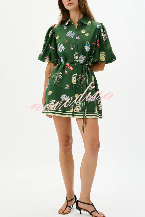 Linen Blend Unique Print Puff Sleeve Casual Mini Dress