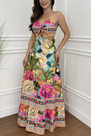 Mexico Style Tropical Print Ring Cutout Lace-up Vacation Maxi Dress