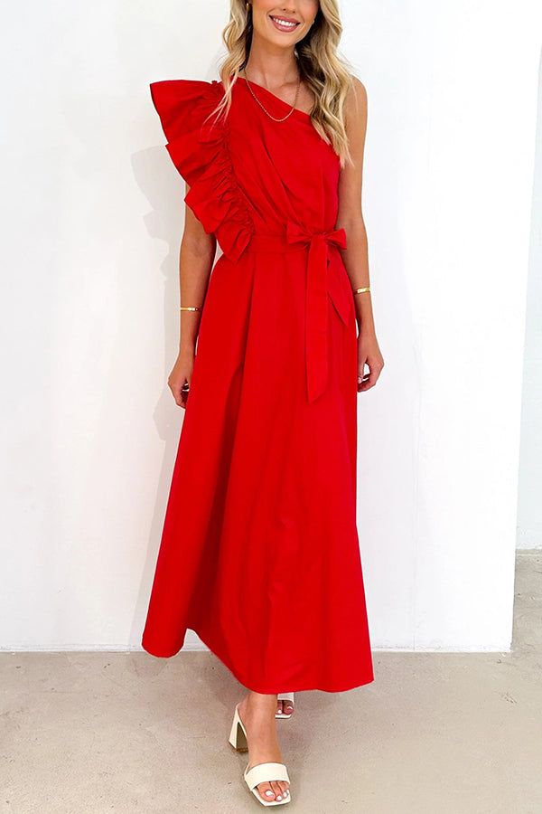 Solid One Shoulder Ruffled Sleeves Tie Waist Maxi Dress