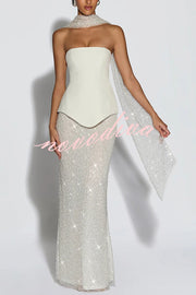 Oakley Corset Strapless Top and Sequin High Rise Maxi Skirt Scarf Set