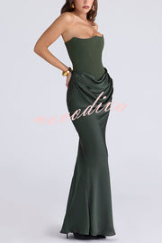 Attend The Gala Strapless Corset Satin Ruched Hip Drape Maxi Dress