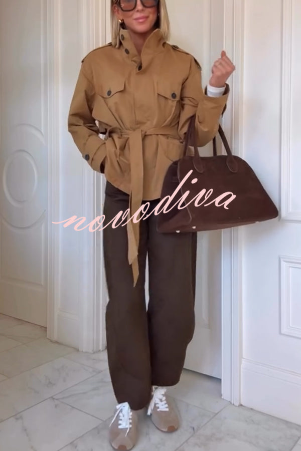 Chic Comfort Epaulettes Contrast Buttons Pocket Belt Cropped Trench Coat