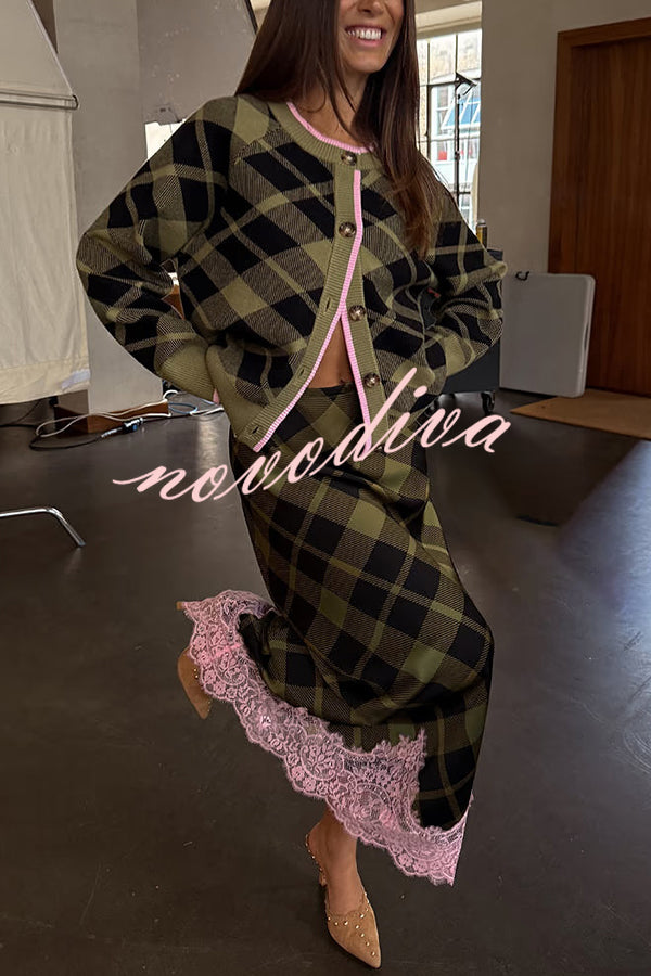 Holiday plaid Satin Unique Print Patchwork Lace Stretch Waist Draped Maxi Skirt