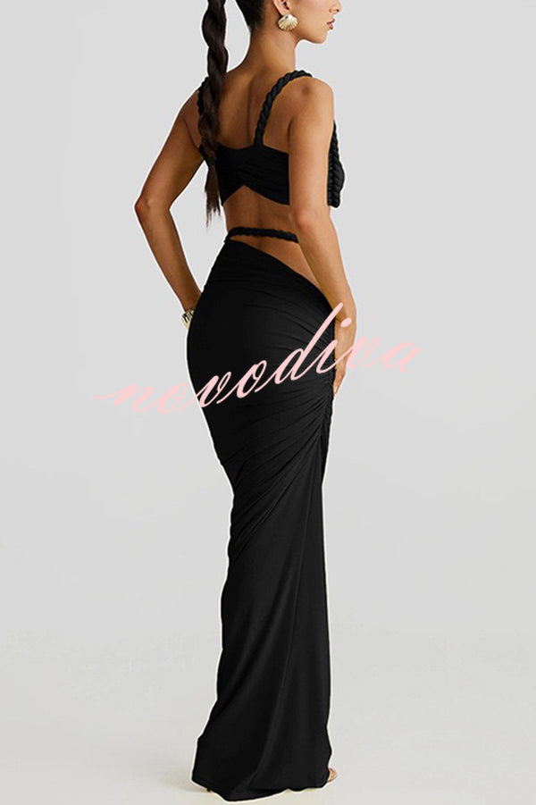 Sexy Halter Back Braided Suspender Top and Beach Holiday Style Hip-wrapped Maxi Skirt Set