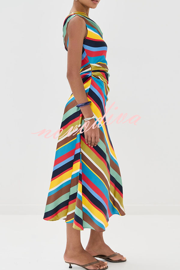 Sunkissed Satin Colourful Stripe Print One Shoulder Midi Dress