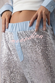 Fashion Sequined Loose Long-sleeved Shirt and Casual Elastic Waist Wide-leg Pants Set